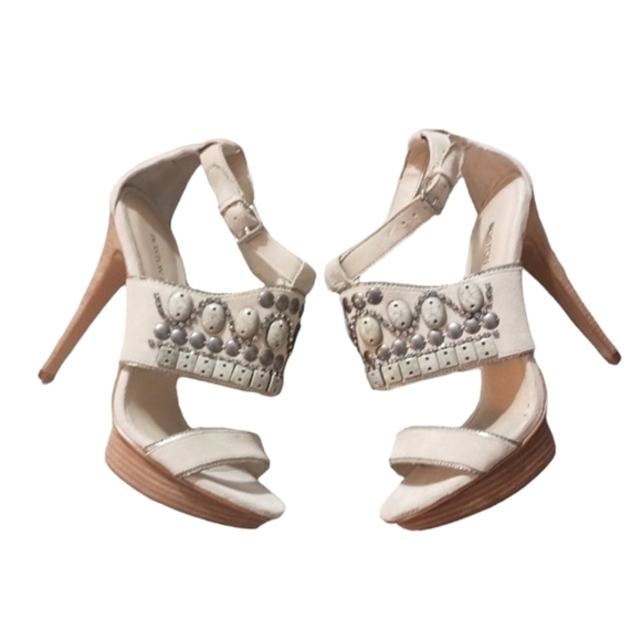 Boston Proper Silver Moon Platform Stiletto Heel Sandals Suede Cream/Gray Stone - Picture 11 of 11